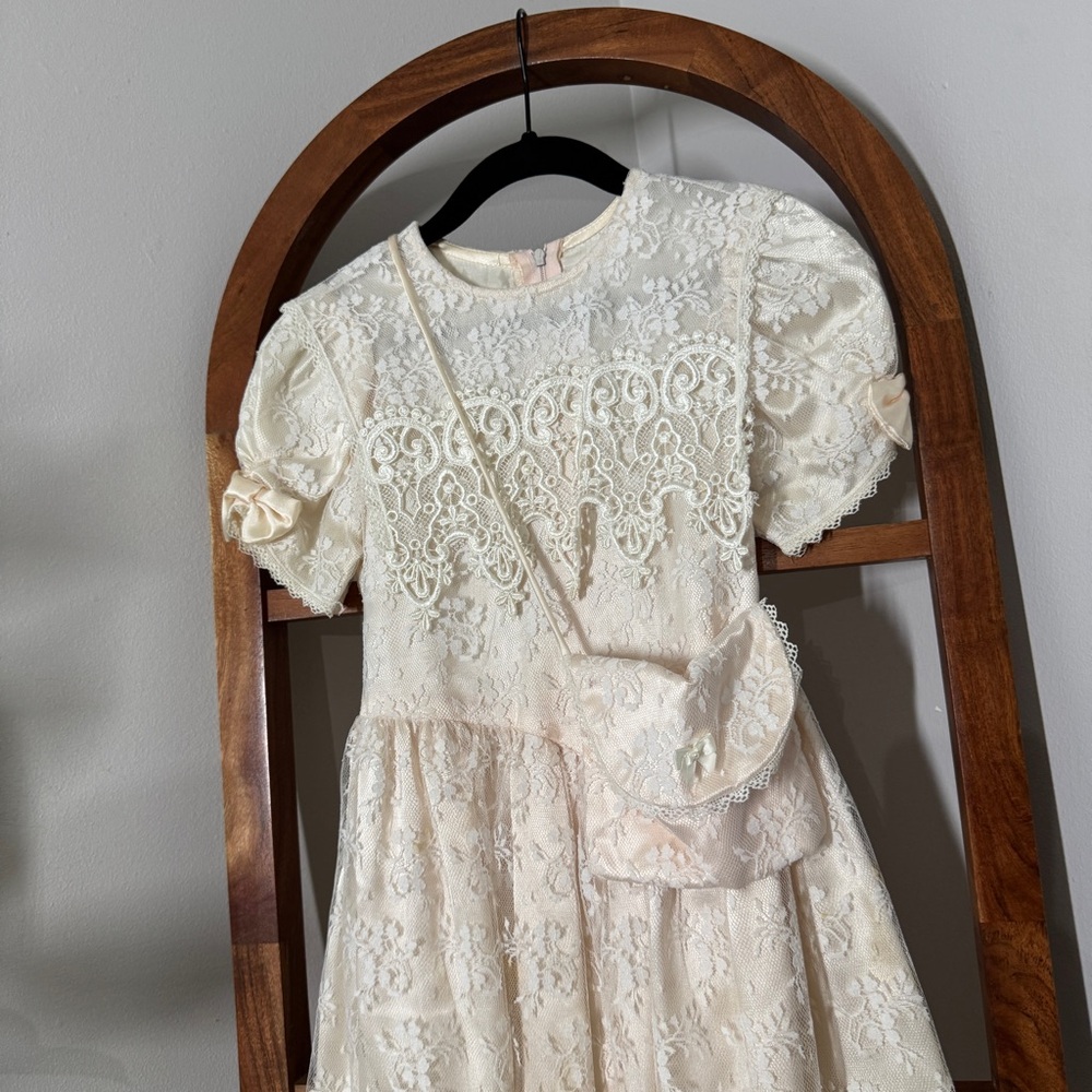 Jessica McClintock Vintage 80s Girls 6X Cream Pink Lace Dress USA Made - Picture 2 of 9